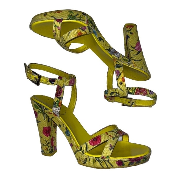 GUCCI Flora Sandals Yellow Floral Canvas EU 38.5 Platform Multicolor Heels Box - Picture 3 of 15